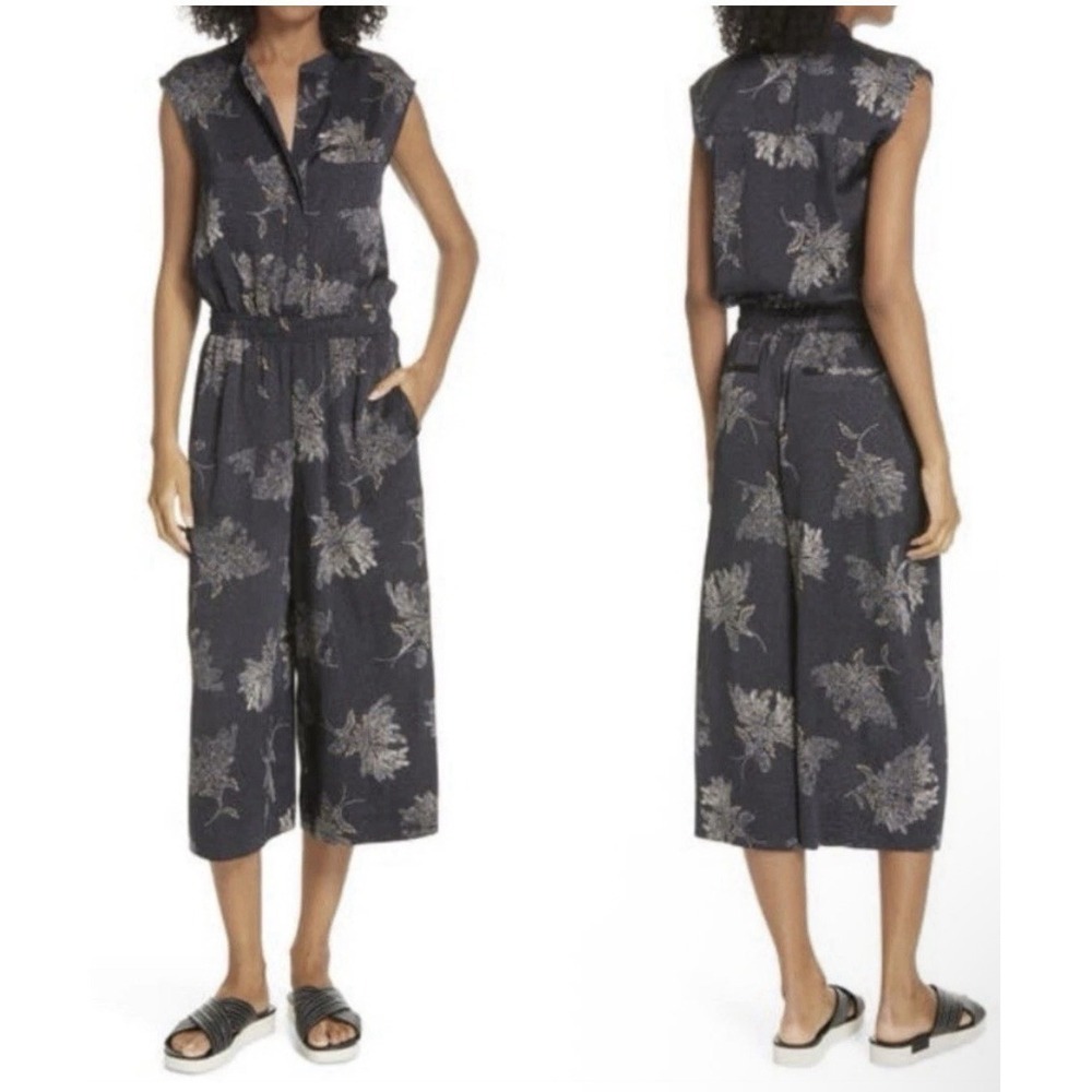 Vince Woodblock Floral Sleeveless Jumpsuit Women's S Black Crop Wide Leg Preppy
